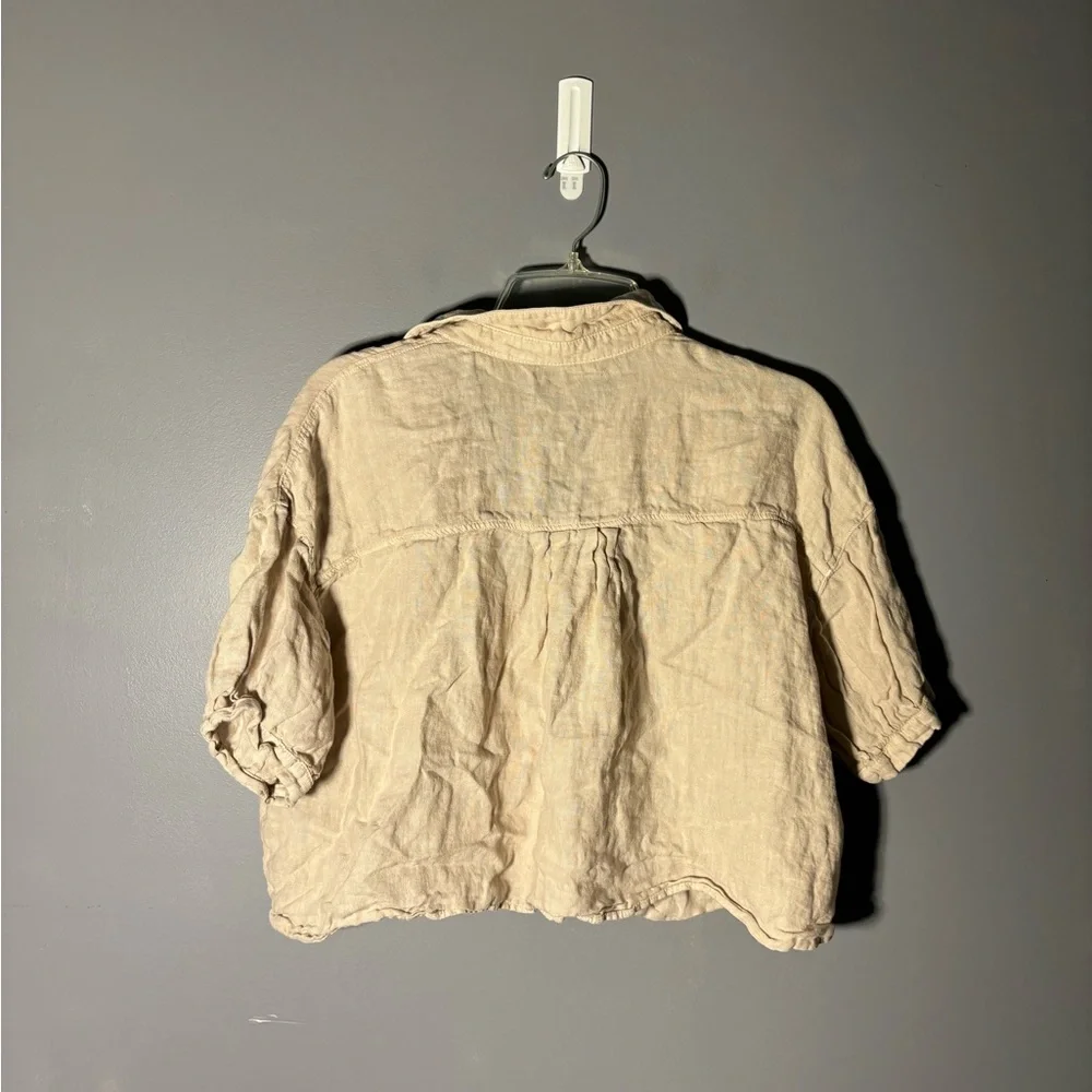 Zara 100% Linen Cropped Button Up Shirt Womens Size Medium - Picture 2 of 4